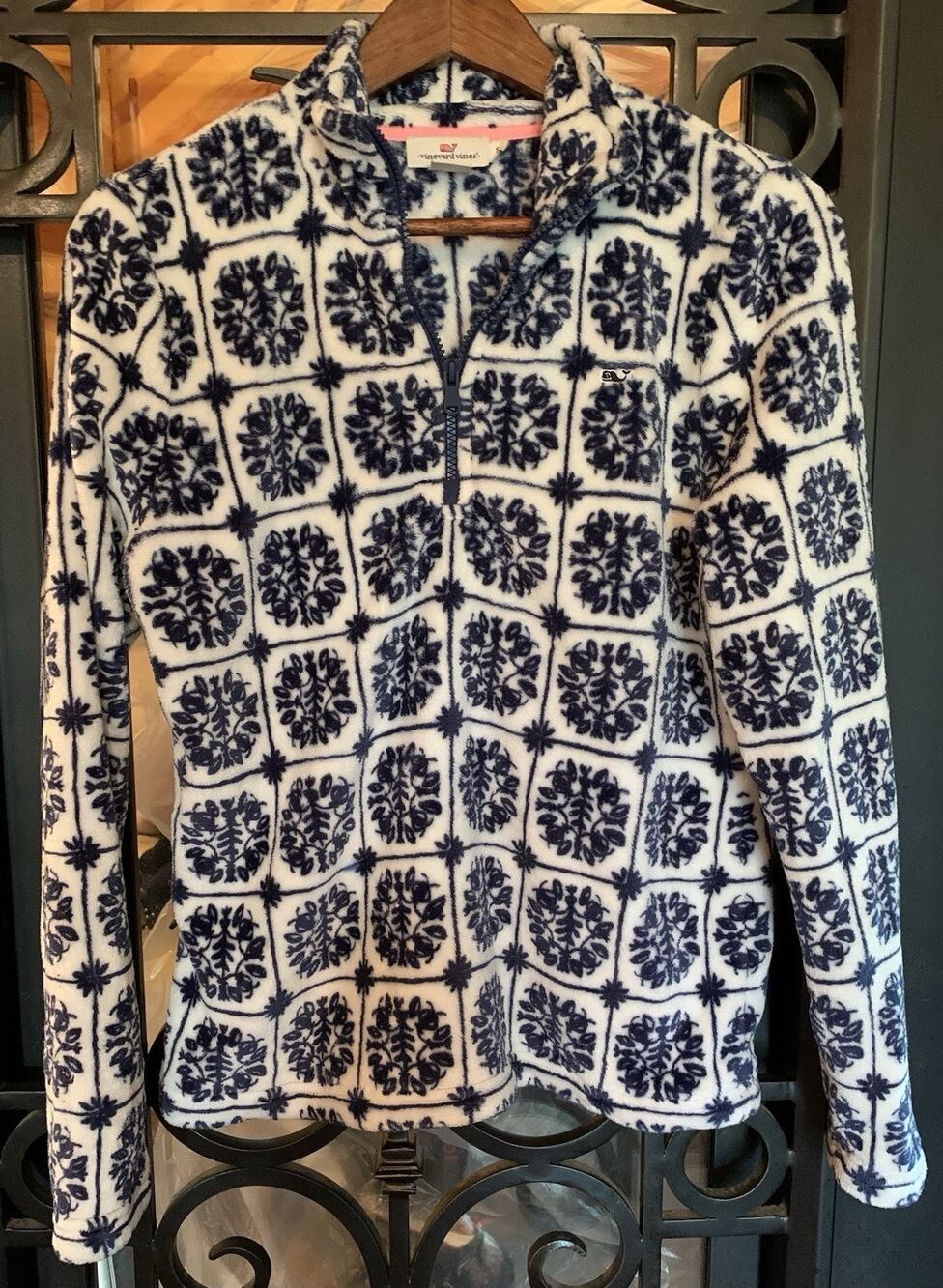 Vineyard Vines Island Tile Teddy Fleece 1/2 Zip Pullover Blue White Womens S